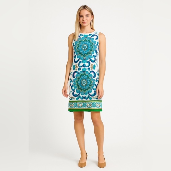 Maggy London Dresses & Skirts - Maggy L Blue Green Paisley Print Shift Dress Size 8 | Bold Retro Boho Mod Look